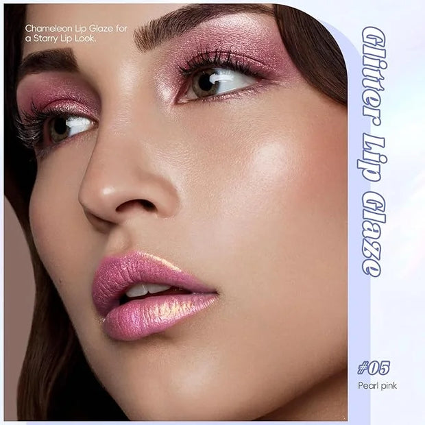 Hot Pink Glitter Lip Gloss Liquid Lipstick, Diamond Shimmer Metallic Sparkly Iridescent Chameleon Lip Gloss Gift for Women...