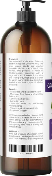 Grapeseed Oil by Velona - 32 fl oz | 100% Pure and Natural Carrier Oil | Refined, Cold Pressed | Cooking, Skin, Face, Body...