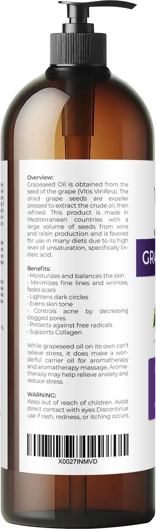Grapeseed Oil by Velona - 32 fl oz | 100% Pure and Natural Carrier Oil | Refined, Cold Pressed | Cooking, Skin, Face, Body...