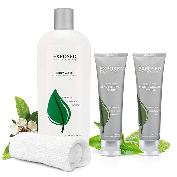 Exposed Skin Care Body Acne Kit – Dual Acne Treatment Serums + Body Wash and Exfoliating Body Cloth – Powerful System Elim...