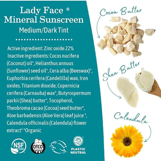 Earth Mama Lady Face® Tinted Mineral Sunscreen Stick, SPF 40 Medium/Dark Tint | Contains Organic Shea & Cocoa Butter | Fou...