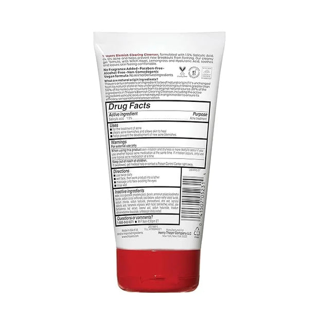 THAYERS Blemish Clearing Face Cleanser with 1.5% Salicylic Acid, Acne Treatment Face Wash, Soothing and Non-Stripping Skin...