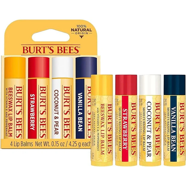 Burt's Bees Lip Balm, Beeswax, Strawberry, Coconut and Pear, and Vanilla Bean Pack, With Responsibly Sourced Beeswax, Tint...