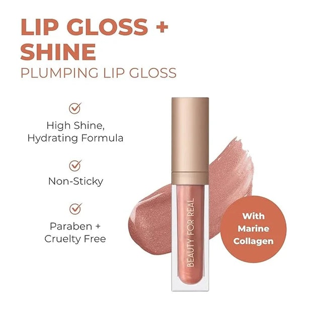 Beauty For Real Lip Gloss + Shine, Plumping High Shine Hydrating Gloss, Turned On, Sheer Lip Bite Nude, Light + Mirror, Cr...