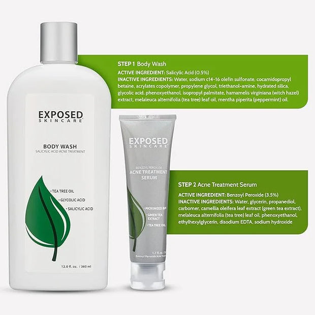 Exposed Skin Care Body Acne Kit – Dual Acne Treatment Serums + Body Wash and Exfoliating Body Cloth – Powerful System Elim...