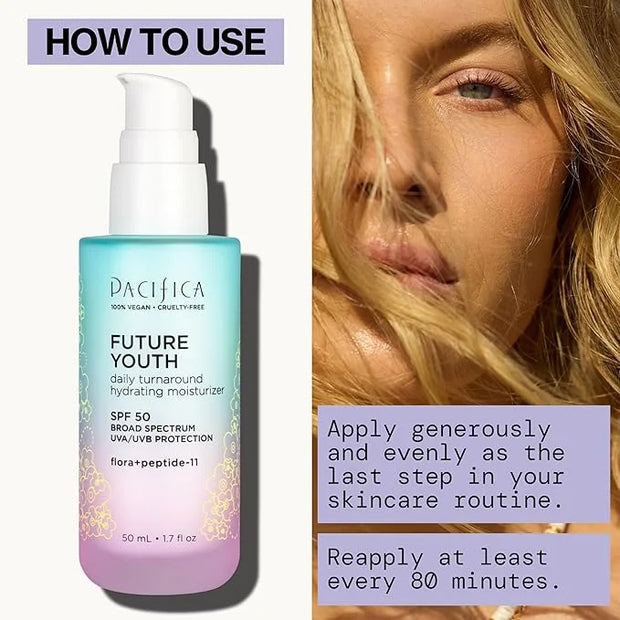 Pacifica Peptide Face Moisturizer Future Youth Daily Turnaround Hydrating, SPF 50 Broad Spectrum, UVA/UVB Sun Protection, ...
