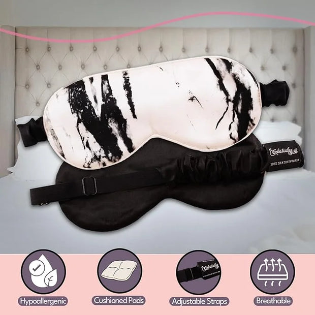 Celestial Silk Mulberry Silk Sleep Eye Mask with Adjustable Elastic Strap (Normal - Adjustable, White Marble) - Product Image
