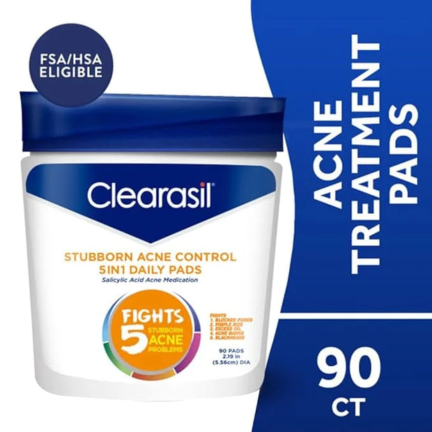 Clearasil Acne Treatment Facial Cleansing Pads, Stubborn Acne Control 5-in-1 Daily Pads, 90 Pads (Pack of 3) - Product Image