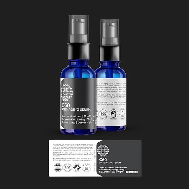 C60 Anti-Aging Face Serum 60ml with Hyaluronic Acid, Plant Stem Cells, Peptides, Vitamins B + C & Anti Aging Wrinkle Compl...