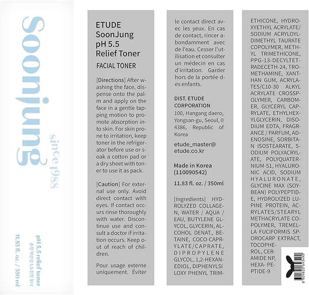 ETUDE Soonjung pH5.5 Relief Toner 11.83 fl.oz (350ml) 23AD | Skin Care Solution | Low PH Toner for Sensitive Skin | Non-Co...