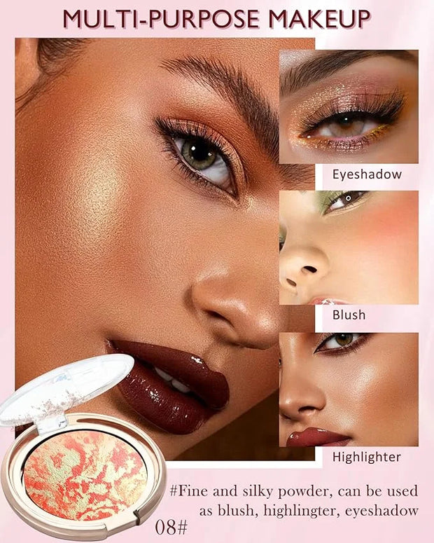 Baked Blush,Glow Marbleized Blusher Powder Palette,Lightweight Shimmery Blusher for Cheeks,Eyeshadow & Highlight,Makeup Gi...