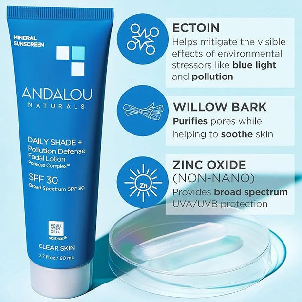 Andalou Naturals Daily Shade Face Sunscreen, SPF 30 Zinc Oxide Mineral Sunscreen, Sun + Pollution Defense Face Lotion, Hel...