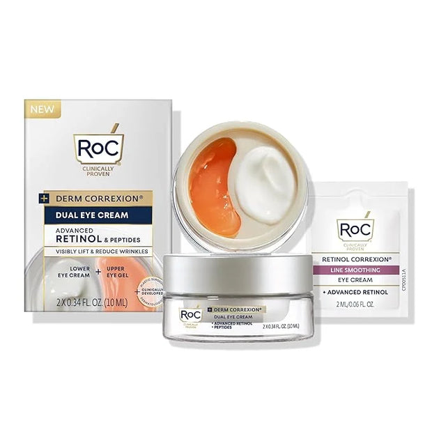 RoC Derm Correxion Dual Eye Cream with Advanced Retinol + Peptides for Puffy Eyes and Dark Circles, (.68 oz) with Retinol ...