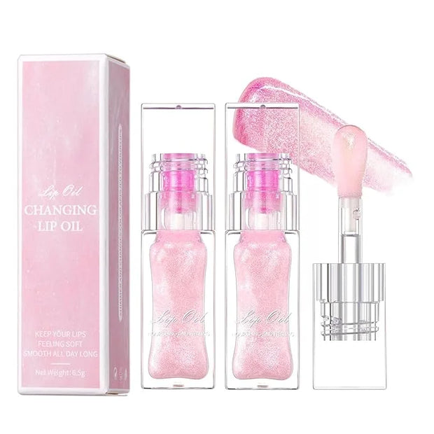2PCS Magic Color Changing Lip Oil - Big Brush, Long Lasting Shimmery, Warm Change Hydrating Lip Gloss - Product Image