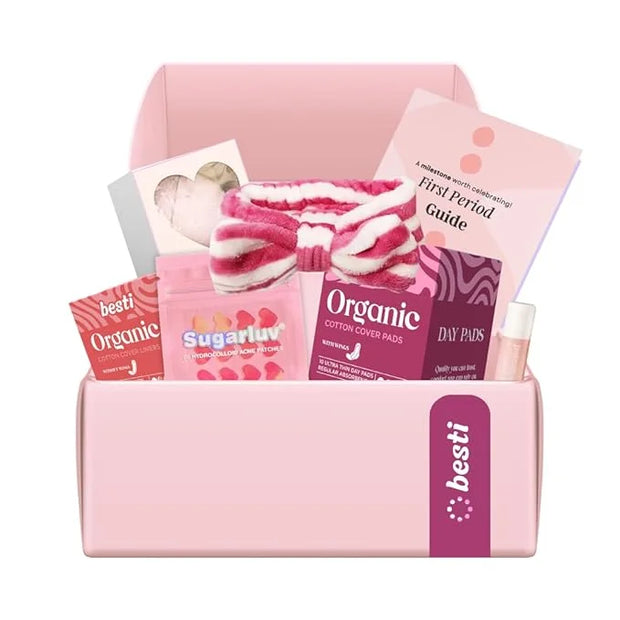 Besti First Period Kit for Girls (Ages 9-12) | Organic Pads & Liners, Pimple Patches, Bath Bomb, Lip Balm, Spa Headband & ...