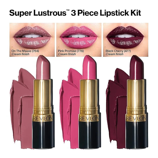 Revlon Super Lustrous 3-Piece Lipstick Gift Set, High Impact, Moisturizing, Cream Finish, 764 On The Mauve, 778 Pink Promi...