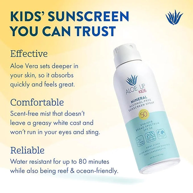 Aloe Up Kids Broad Spectrum Mineral Sunscreen Spray SPF 50 - Alcohol-Free Face and Body Sun Protector for Sensitive Skin -...