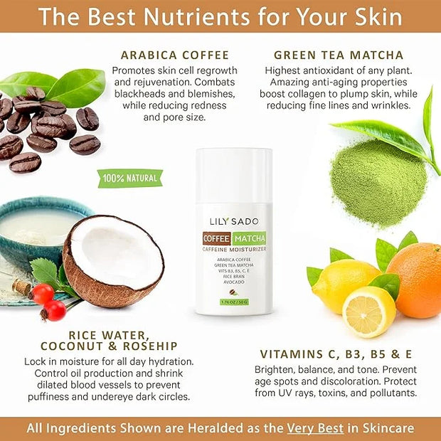 LILY SADO TEA+C™ Coffee & Matcha Face Moisturizer - Natural Vegan Caffeine Facial Cream w Green Tea & Arabica Coffee Beans...