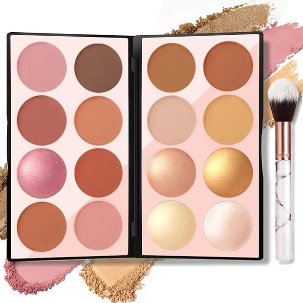 16 Colors Blush Contour Highlighter Makeup Palette with Brush, Matte Mineral Face Blush Powder for Cheek, Bright Shimmer I...
