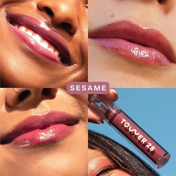 Tower 28 ShineOn Milky Lip Jelly, SESAME, Non-Sticky, Hydrating Vegan Lip Gloss in Milky Mauve, Apricot and Raspberry Seed...