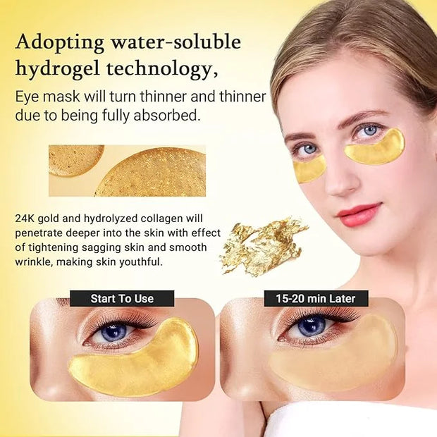 Under Eye Patchs 24k Gold Eye Mask and Hyaluronic Acid and Rose for Dark Circles and Puffiness Wrinkle Eye Bags 30 Pairs -...
