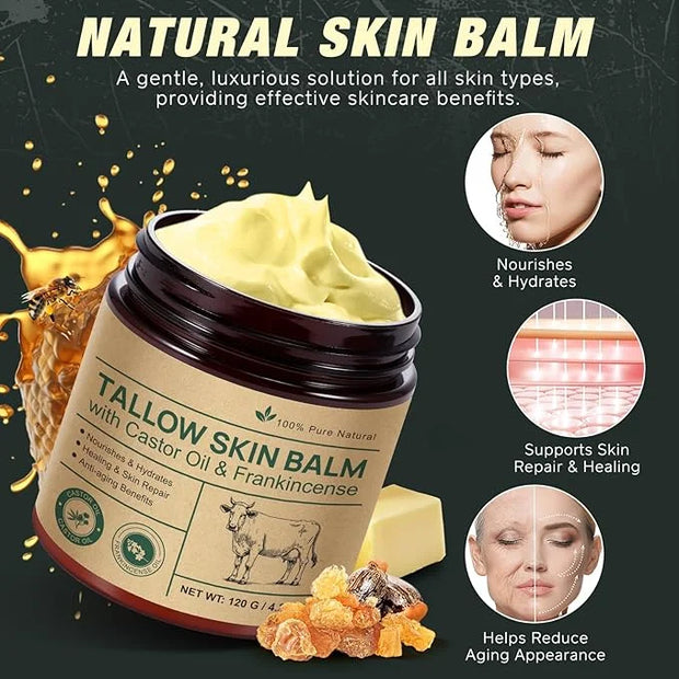Tallow Castor Oil Frankincense Oil Handmade Skin Balm, Face & Body Moisturizer for Sensitive Skin, Eczema All-Purpose Balm...