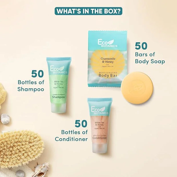 Eco Botanics Soaps & Toiletries Bulk Set | 1-Shoppe Amenities Kit for Hotels & Vacation Rentals | 0.85 oz Shampoo & Condit...