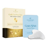 PLANTIFIQUE Gold Under Eye Patches for Puffy Eyes and Dark Circles 5 Pairs and Stainless Steel Gua Sha Facial Tool, Skin M...