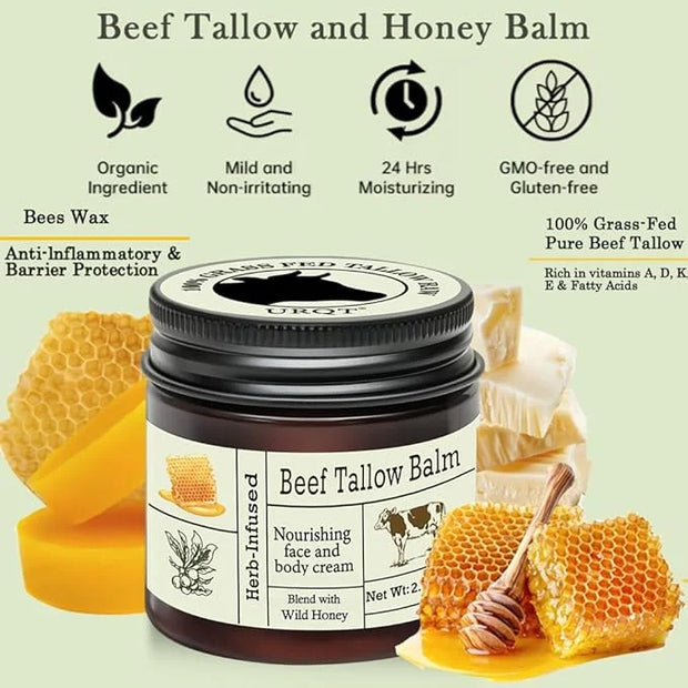 Beef Tallow For Skin – Natural Tallow and Honey Balm Face Moisturizer, Organic Grass-Fed Tallow, Deeply Nourishing Whipped...
