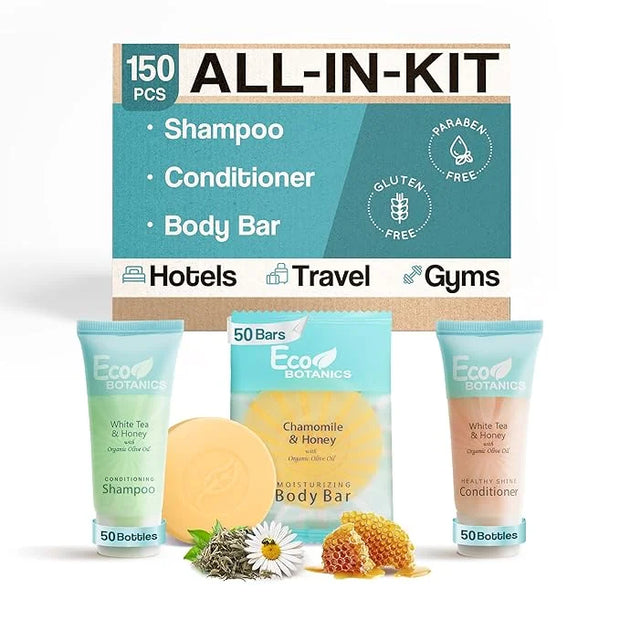 Eco Botanics Soaps & Toiletries Bulk Set | 1-Shoppe Amenities Kit for Hotels & Vacation Rentals | 0.85 oz Shampoo & Condit...