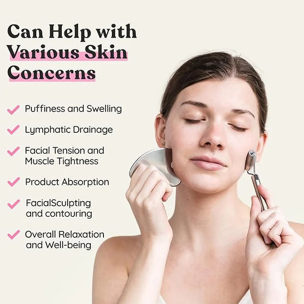 Stainless Steel Face Roller - Premium Gua Sha Facial Tools Stainless Steel GuaSha Tool and Face Roller Set - Gua Sha Stain...