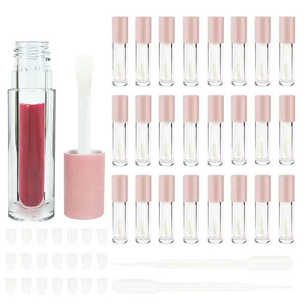 COSIDEA 24 pcs Empty 5ml big brush lip gloss tube Pink round lipgloss tubes container with big doe foot wand cosmetic pack...