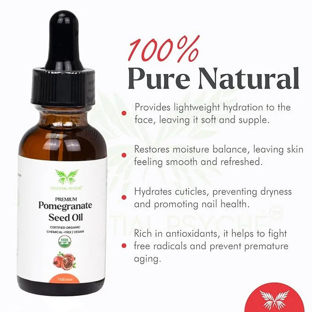 USDA Certified Organic Pomegranate Seed Oil (1 Oz) 100% Pure Natural, Hexane-Free, Face Moisturizer, Skin Hydration, Nails...