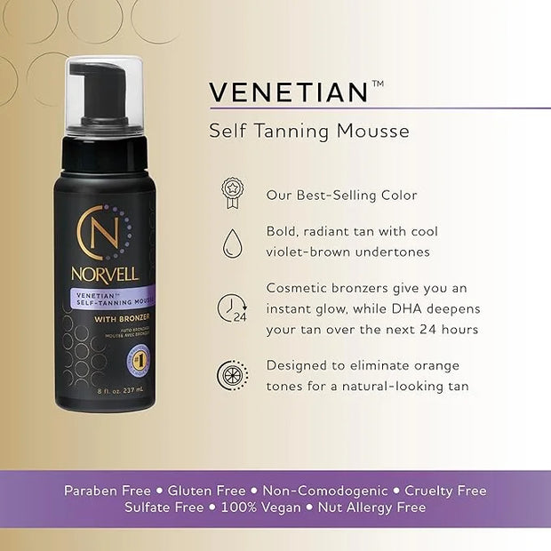 Norvell Venetian Sunless Self Tanner Mousse with Bronzer, 8 Fl Oz - Instant Self Tanning - Natural Looking - Anti-Orange -...