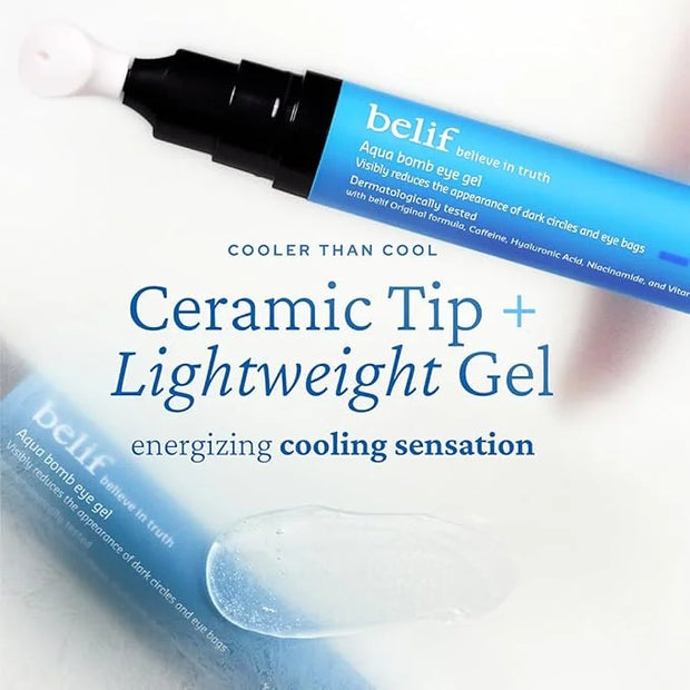 belif Aqua Bomb Cooling Eye Gel - Caffeine & Hyaluronic Acid for Puffiness & Hydration, Niacinamide & Vitamin C for Dark C...
