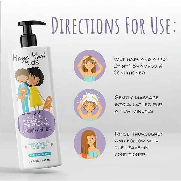 2 in 1 Natural Kids Shampoo and Conditioner, Tear Free | For Toddlers with Curly Hair | For All Kids Hair Types | Coconut ...