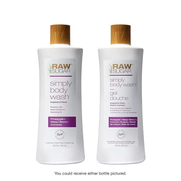 RAW SUGAR Simply Body Wash - Pineapple + Maqui Berry + Coconut, Moisturizing & Brightening Bath & Shower Gel, Sulfate-Free...