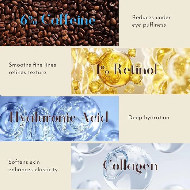 6% Caffeine + 1% Retinol Eye Cream for Dark Circles, Puffy Eyes & Bags | 360° Massage Ball for Fine Lines | Collagen & Cen...