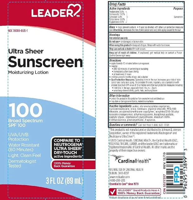 Leader Travel Sunscreen SPF 100+, Ultra Sheer Dry-Touch Water Resistant and Non-Greasy Lotion with Broad Spectrum SPF 100+...