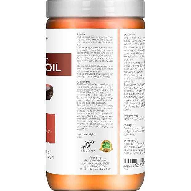 velona USDA Certified Organic Red Palm Oil 32 Fl Oz | Food and Cosmetic Grade | in jar | Extra Virgin, Cold Pressed | Skin...