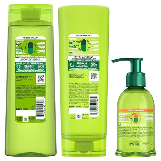 Garnier Fructis Sleek & Shine Shampoo, Conditioner + Anti-Frizz Serum Set for Frizzy, Dry Hair, Argan Oil (3 Items), 1 Kit...