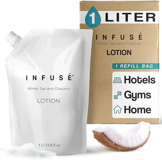 1 Liter Lotion Refill Bag For Soap Dispensers | Bulk Toiletries for Vacation Rentals, and Home Bathroom Showers | White Te...