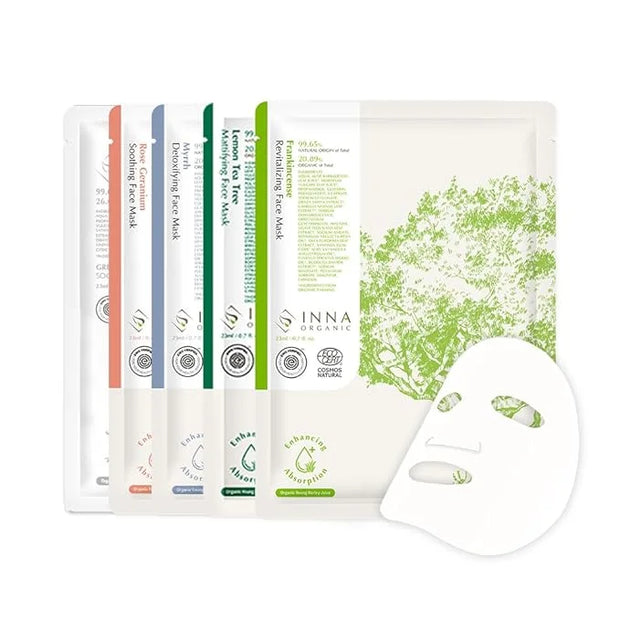 INNA ORGANIC Sheet Mask Set, Anti-Aging & Hydrating, EWG & COSMOS Certified (Pack of 5) | First Pick Discovery Set | Luxur...