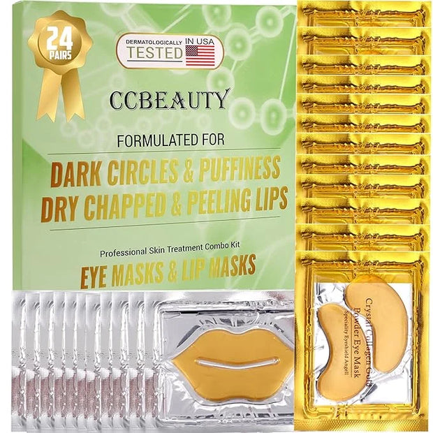 CCbeauty 24 Packs Lip Masks & Eye Mask Bulk,24K Gold Under Eye Patches for Puffy Eyes,Dark Circles,Collagen Eye gel Pads f...