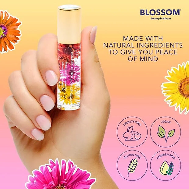 Blossom Roll on Lip Gloss, Scented Clear High Shine Moisturizing Lip Oil, Non Sticky, Infused with Real Flowers, Made in U...