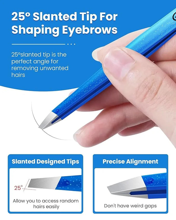 Expert Slant Tip Tweezers with Leather Travel Case, GlamTweeler Sharp & Precision Stainless Steel Tweezer for Eyebrows, Fa...