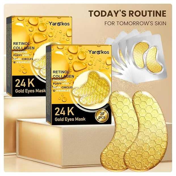 30 Pcs 24K Gold Under Eye Patches Kit, Collagen Golden Eye Mask for Puffy Eyes, Dark Circles, Women Travel Undereye Gel Pa...