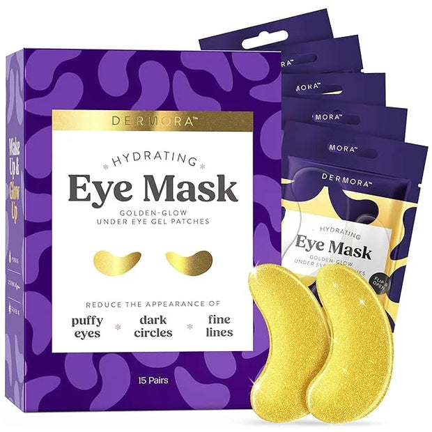 DERMORA Golden Glow Under Eye Patches (15 Pairs Eye Gels) - Rejuvenating Treatment for Dark Circles, Puffy Eyes, Refreshin...