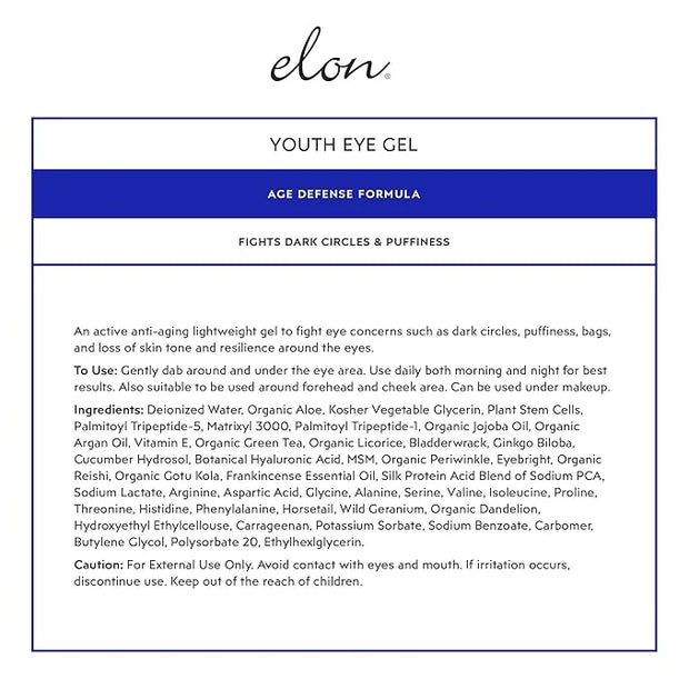 Elon Youth Under Eye Gel – Hyaluronic Acid Gel w/MSM, Plant Stem Cells - Anti Aging to Fight Dark Circles– Under Eye Puffi...
