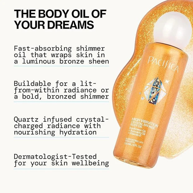 Pacifica Bronzing Body Oil – Crystal Bronze Shimmering Oil for Natural Sun-Kissed Glow, Hydrating Body Illuminator, Vanill...